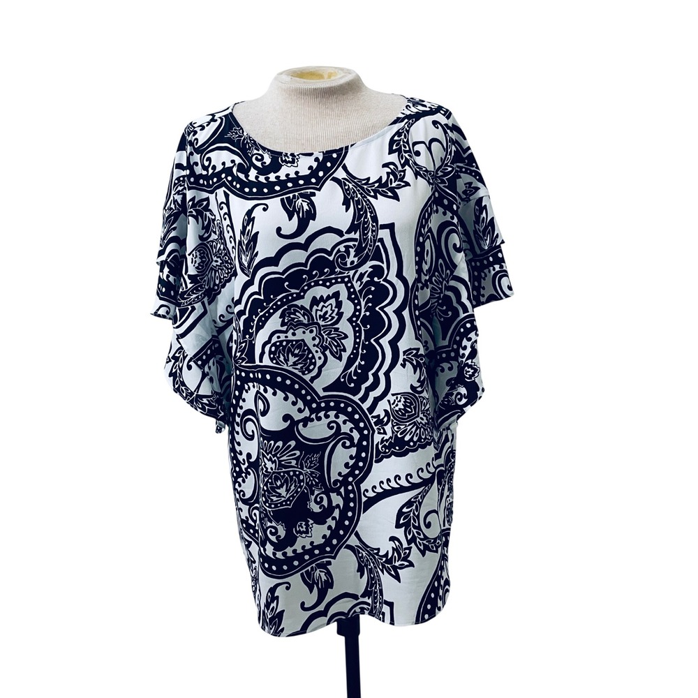 Chicos Black White Paisley Medallion Flutter Sleeve Blouse Top Size 2 L 12/14